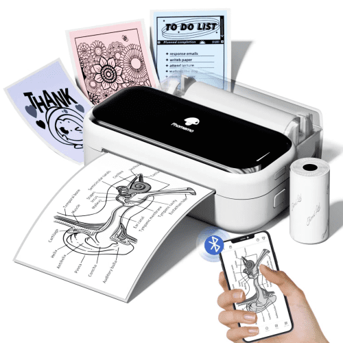 Black and white Phomemo M03 Mini Thermal Printer with Bluetooth connection printing beautiful stickers