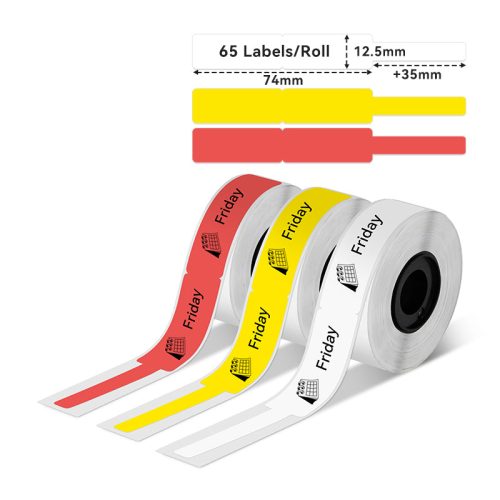 Three rolls of Phomemo cable label tape in red, yellow and white, ideal for organizing and identifying electrical wires.