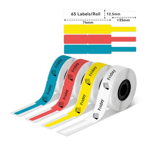 Four rolls of Phomemo cable label tape in red, yellow and white, ideal for organizing and identifying electrical wires.