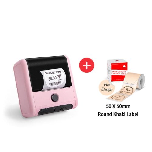 Phomemo M200 Commercial Portable label maker pink with round khaki label