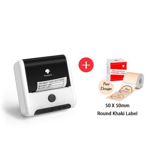 Phomemo M200 Commercial Portable label maker white with round khaki label