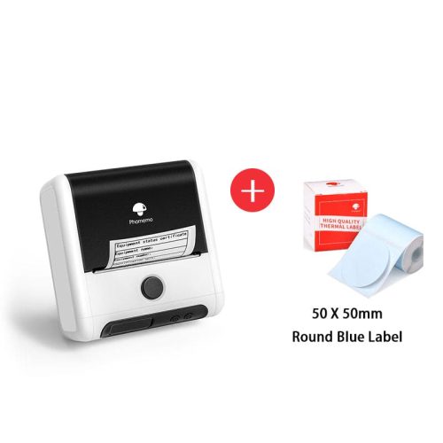 Phomemo M200 Commercial Portable label maker white with round blue label