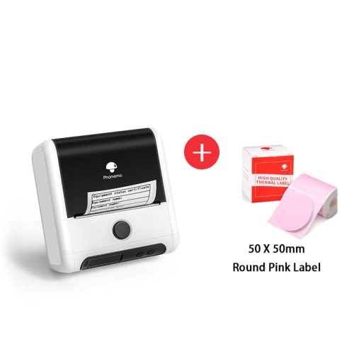 Phomemo M200 Commercial Portable label maker white with round pink label