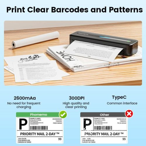 Phomemo M832 bluetooth portable printer prints clear barcodes and patterns