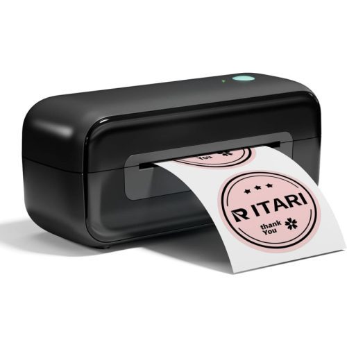 A black Phomemo PM-246S/ B246D High-Speed USB Shipping Label Printer is printing creative stickers