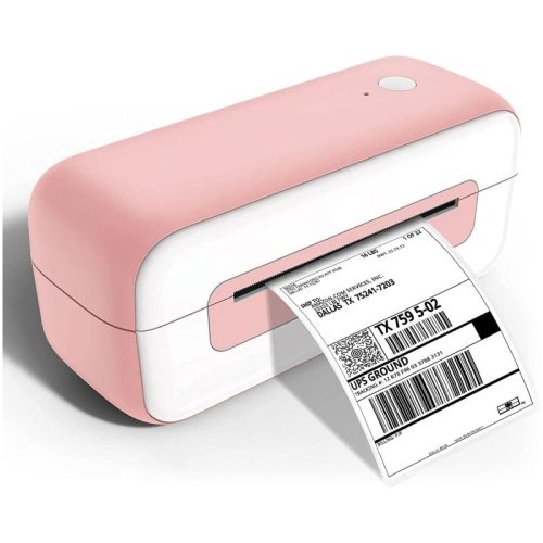 A pink Phomemo PM-246S/ B246D High-Speed USB Shipping Label Printer is printing clear shipping labels