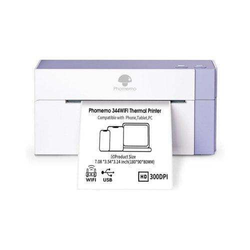 A Purple Phomemo PM344-WF WiFi Shipping Label Printer is printing clear shipping labels