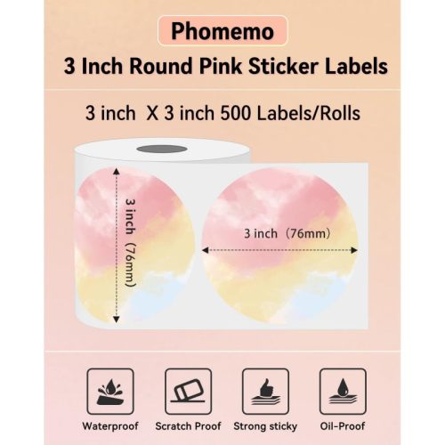 phomemo shipping label SLR 3 3 500 HR is 3 inch round pink sticker labels